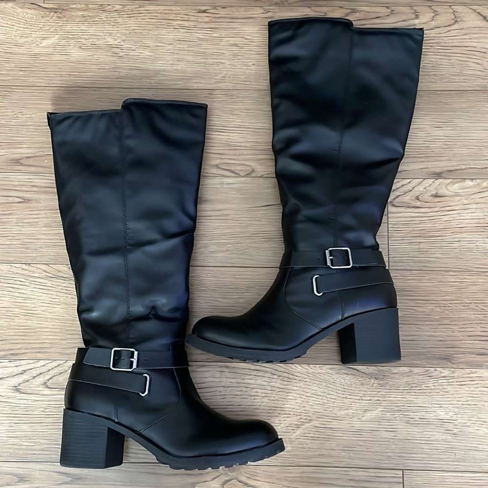 Sun + Stone black faux leather tall boot block heel
